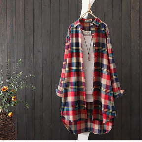 100% Cotton Plaid Shirt Long Sleeve Button Up Casua Loose Blouse Plus Size