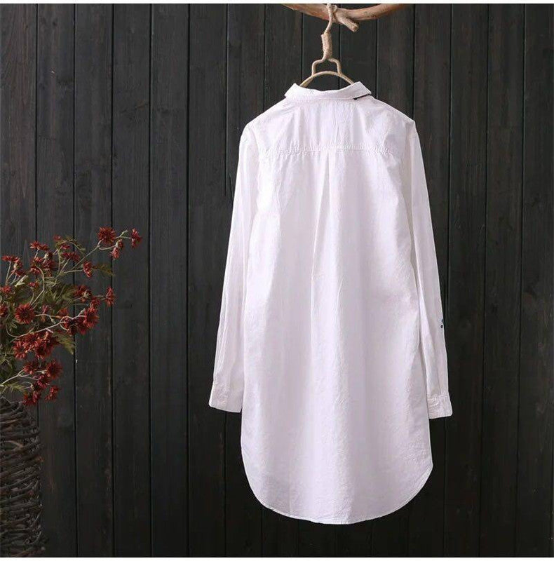 White Shirt Casual Wear Button Up Turn Down Collar Long Sleeve Cotton Blouse Embroidery