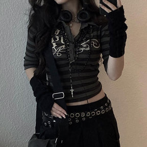 Goth Print Tops Stripe Cute T-Shirts Dark Academia Techwear Button Up V Neck Half Sleeve Sweat Shirts