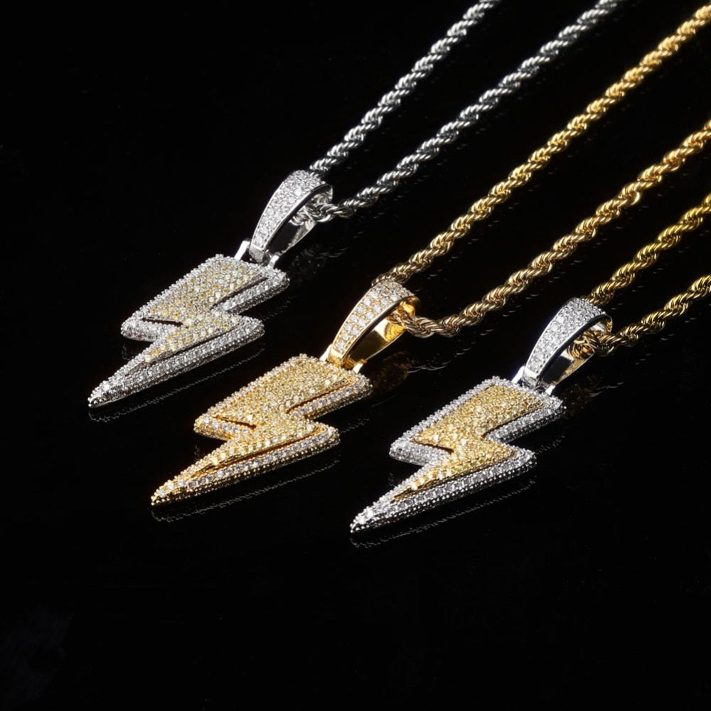 Pendenti con fulmini Bling ghiacciati con catena da tennis Materiale da uomo in rame Hip Hop Gioielli regalo