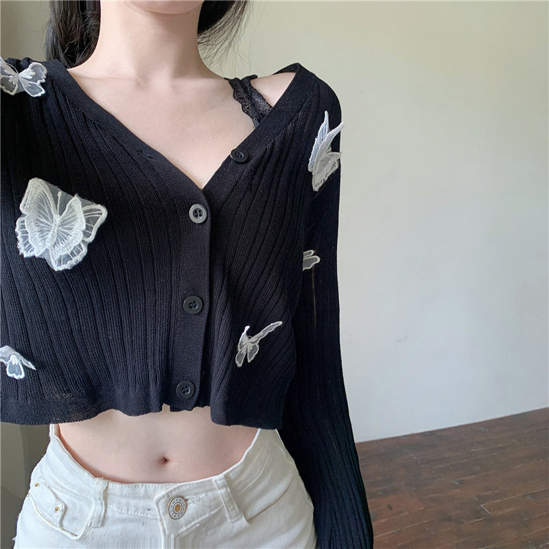 Schmetterling Strickjacken Frauen V-Ausschnitt Crop Tops Damen Sommer Dünne Langärmelige