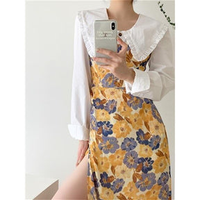 Women Floral Strap Dress Summer French Vintage Square Collar Slit Sleeveless Long Dresses