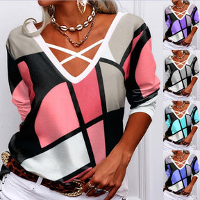 Overlapping V Neck Geometric Print T-shirt Casual Long Sleeve Tops Loose Pullover