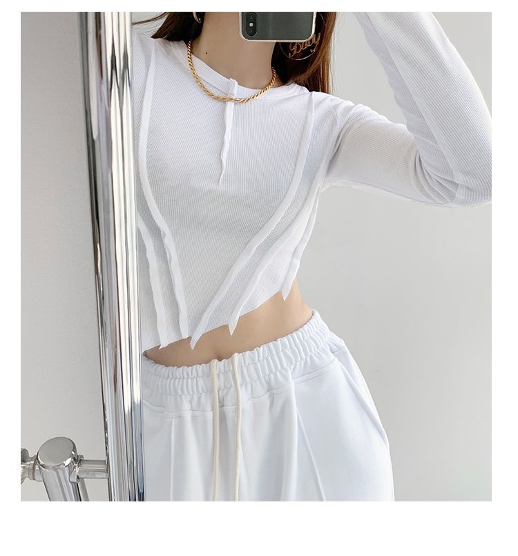 Skinny Crop Tops Women Irregular Oblique Edge T-shirts Female Crewneck Long Sleeve