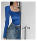Cropped Top Women Fashion Skinny Sexy Long Sleeve T Shirts Female Casual Square Neck Tees