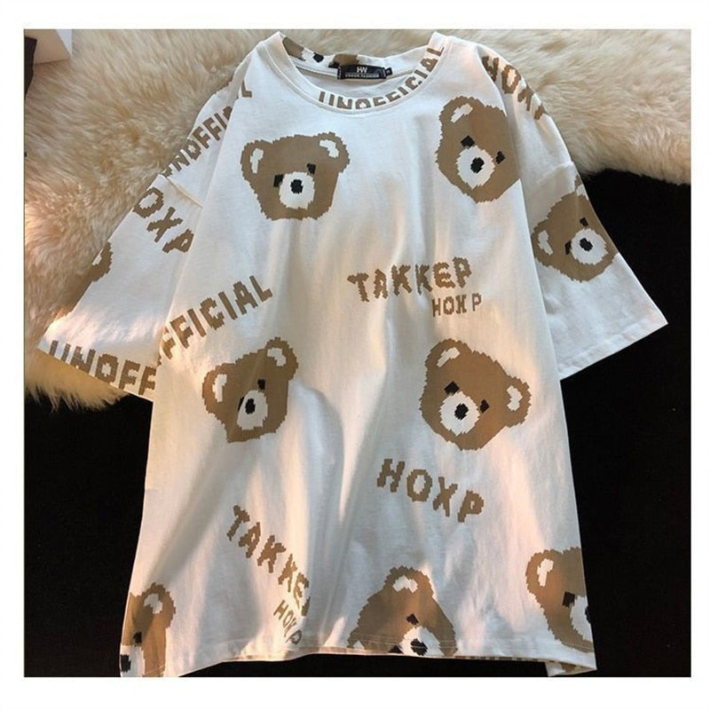 Summer Full Print Cartoon Bear Kawaii Short-Sleeved  T-Shirt Loose Harajuku Casual