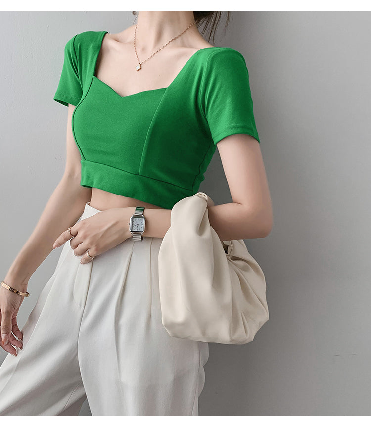 French Clavicle Square Collar Tops Women High Waist Croped Top Short Sleeve T-shirt Female