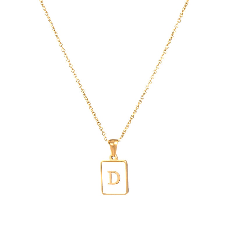 18K Golden Chain Necklaces Male Square Natural Shell Initial Letters Pendant Stainless Steel Jewelry