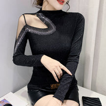 Women's Tops Shirt Casual Turtleneck Long Sleeve Hollow Out Hot Drilling Mesh T-Shirt