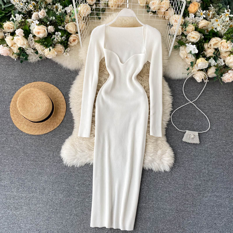 Strapless Ribbed Knitted Bodycon Dress Women Winter Long Sleeve Midi Sweater Dress