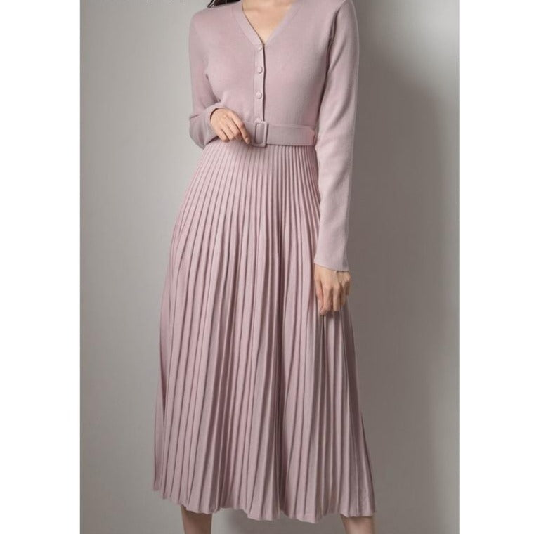 V-neck Single-breasted Women Thicken Sweater Dress Knitted Belted Female A-line soft dresses