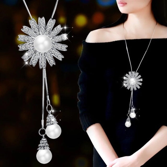 Collier Femme Long Gray Crystal Necklaces & Pendants for Women Round Statement Necklace