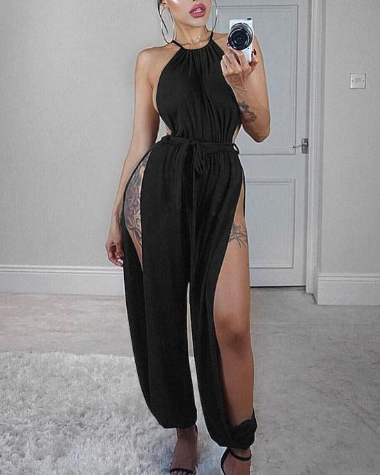 Women Hollow Out Jumpsuit Casual Sleeveless O-Neck Belt Jumpsuit Lace Up Slim Rompers