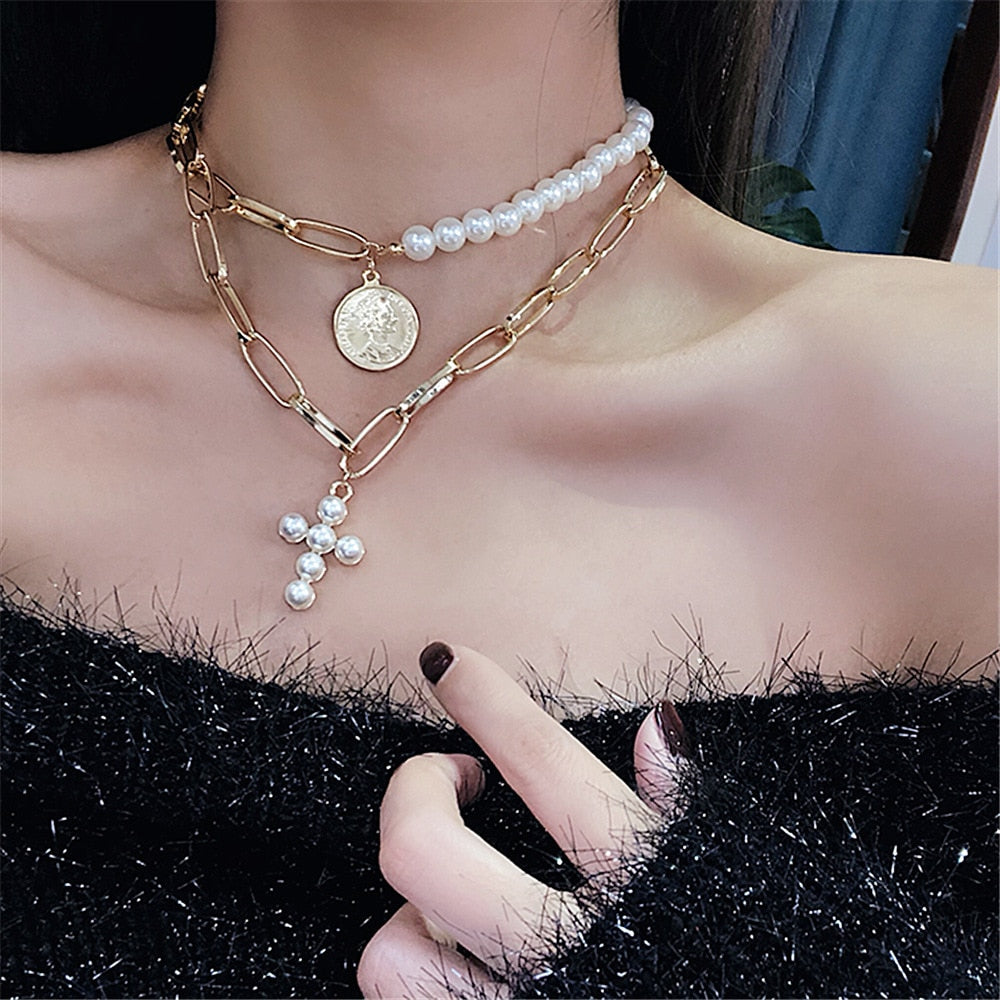 Big White Imitation Pearl Choker Necklace  Clavicle Chain Fashion Necklace