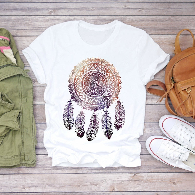 Dream Feather Print Summer Short Sleeve Lady T-Shirts TopGraphic Female T-Shirt Plue Size