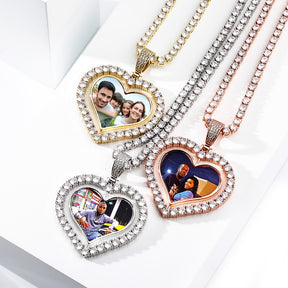 Heart Shaped Custom Photo Spin Double Sided Medallion Pendant Necklace Hip Hop Jewelry