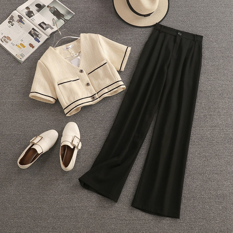 Streetwear Two Piece Set Women Crop Top Shirt Blouse + Wide Leg Pant Suits Vintage Pants Sets