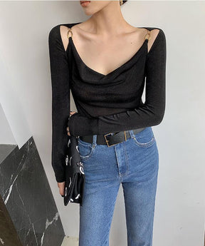 Sexy Swing Collar Cropped Tops Frauen Herbst Metall Design Skinny Langarm T-Shirt Outwear