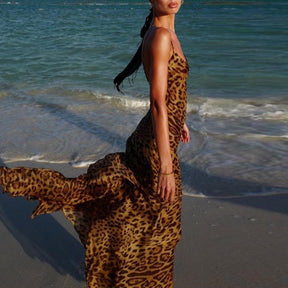 Leopard Print V-Neck Sexy Bodycon Long Dress Women Lace Up Backless Straps Beach Vestidos