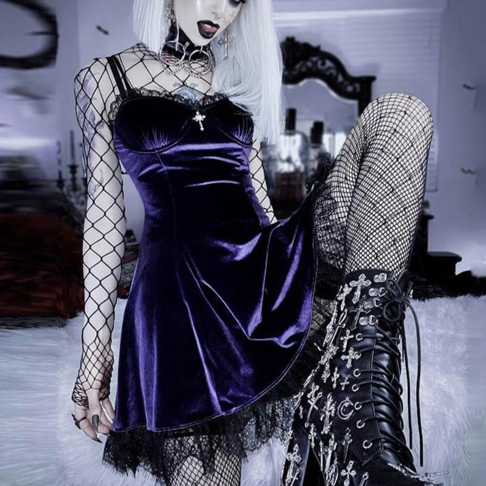 Goth Cross Sexy Purple Dress Velluto vintage A Line Lolita Dress Estetico gotico