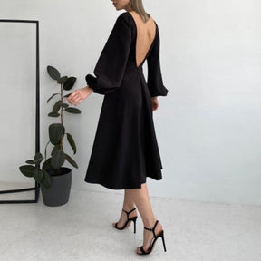 Sexy Backless Midi Long Dresses Lantern Sleeve O-Neck Autumn Folds A-Line For Women