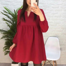 High Waist Mini Dress Long sleeve Sexy V-Neck Solid Color Party Lantern Sleeve Dress