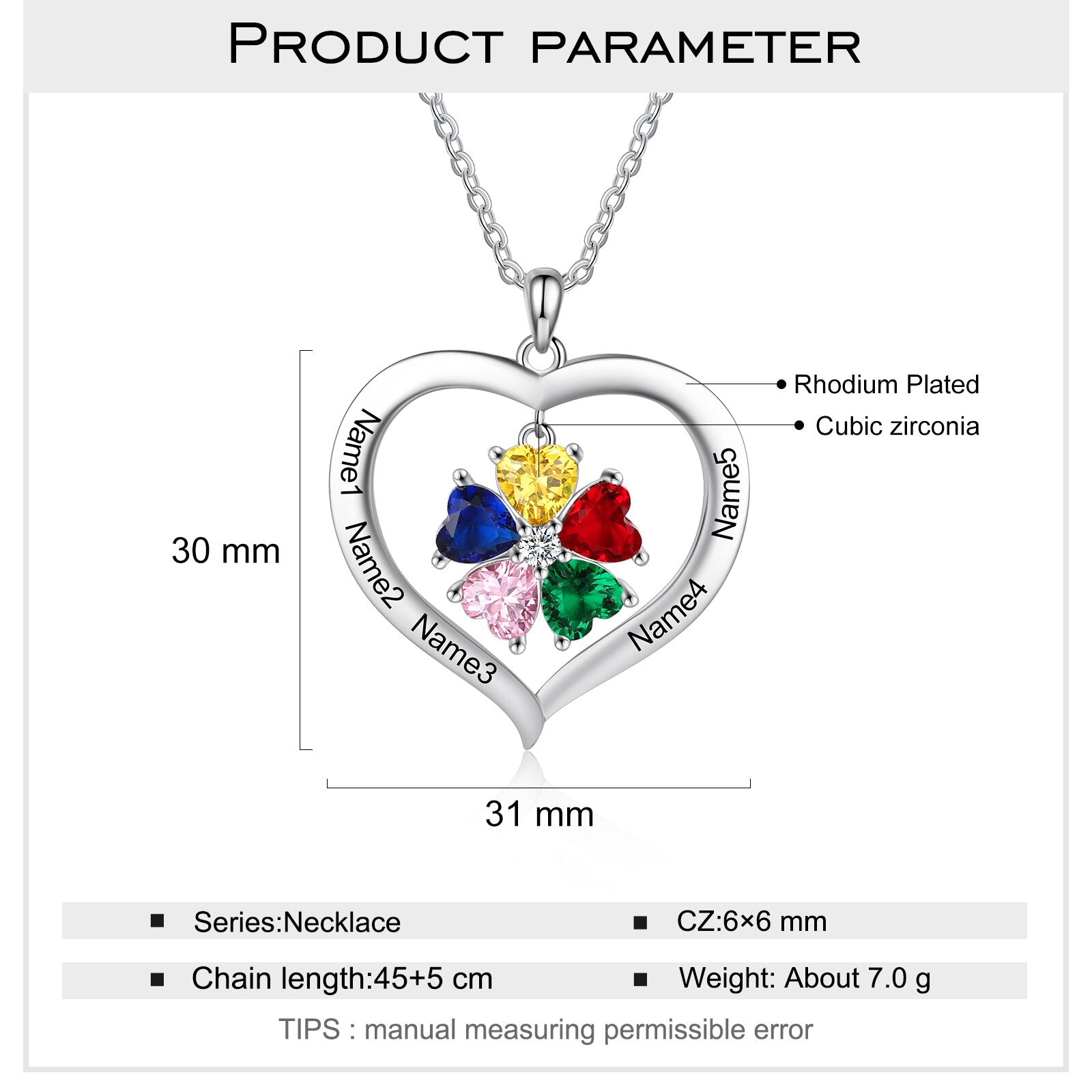 Personalized Heart Name Necklace with 1-8 Engraving Birthstone Pendant