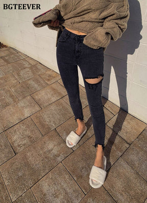 Irregular Ripped Holes Women Pencil Denim Jeans Stylish High Waist Stretched