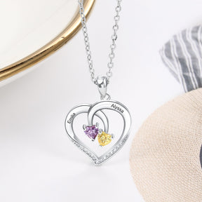 Personalized Heart Necklace with 2 Birthstones Engraved Name Couple Necklace