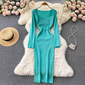 Strapless Ribbed Knitted Bodycon Dress Women Winter Long Sleeve Midi Sweater Dress