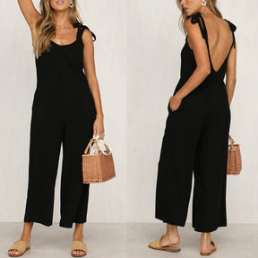 Women Sleeveless Rompers Loose Jumpsuit O Neck Casual Backless Overalls Trousers Wide Leg Pants