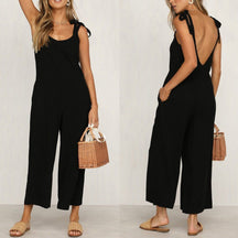 Women Sleeveless Rompers Loose Jumpsuit O Neck Casual Backless Overalls Trousers Wide Leg Pants