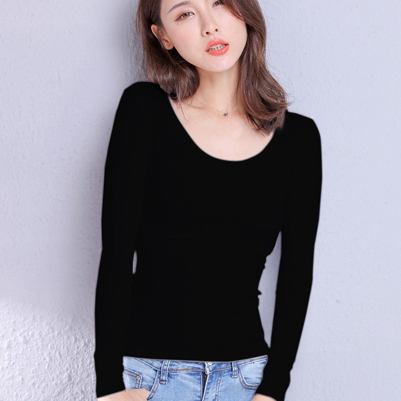 Cotton Women's T-shirt Long-sleeved Solid Color Women T-shirts Leisure Woman T shirt