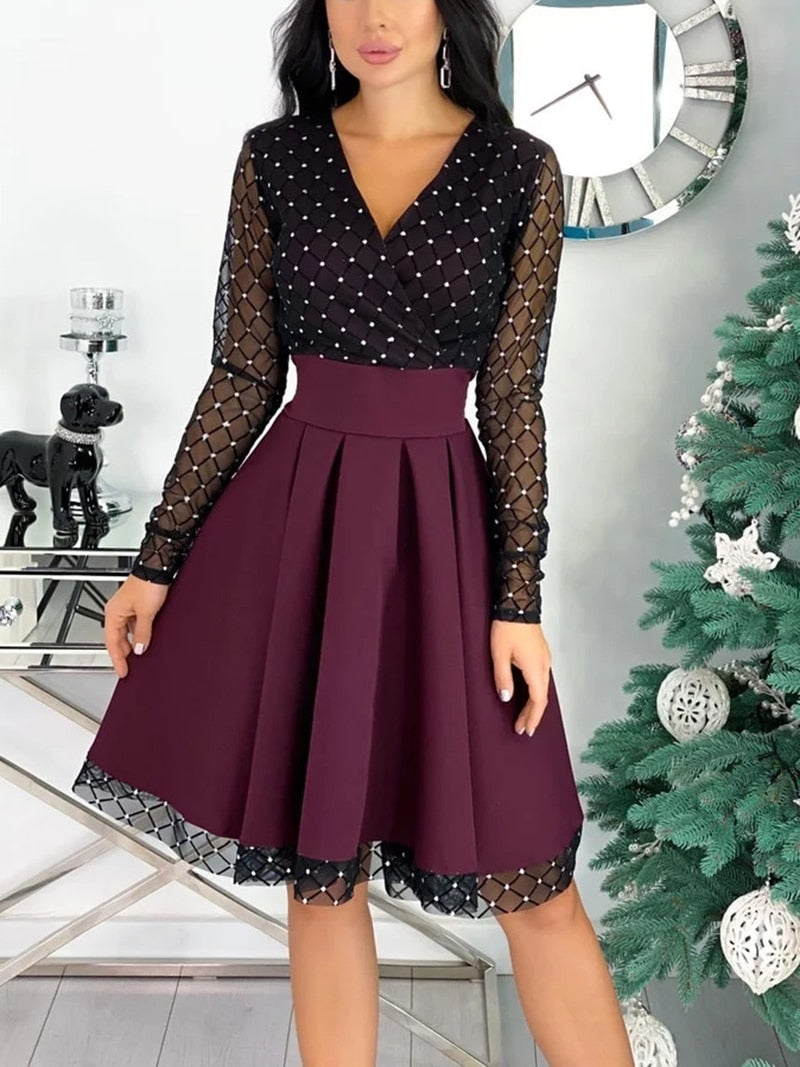 Glänzendes Pailletten-Diamant-Mesh-Stitching-Kleid-Frauen-Frühlings-Herbst-bloße lange Hülsen-Gürtel-dünne A-Linien-Kleider