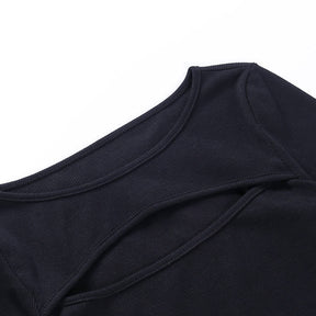 Sexy Hollow Out Slim Fit Long Sleeve Casual Round Neck Shirt Solid Black Tops T Shirt