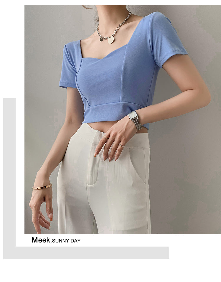 French Clavicle Square Collar Tops Women High Waist Croped Top Short Sleeve T-shirt Female