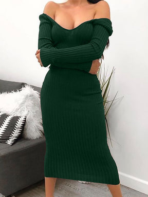 Sexy Bodycon Midi Woman Dress Knitted Long Sleeve V Neck Party Elegant Robe Women's Dresses