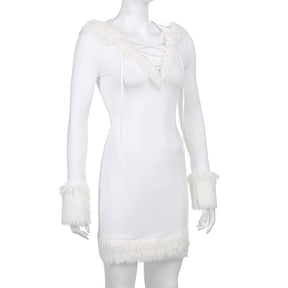 Furry White Bodycon Minikleider Damen Herbst Langarm Kleid mit V-Ausschnitt und Kapuze