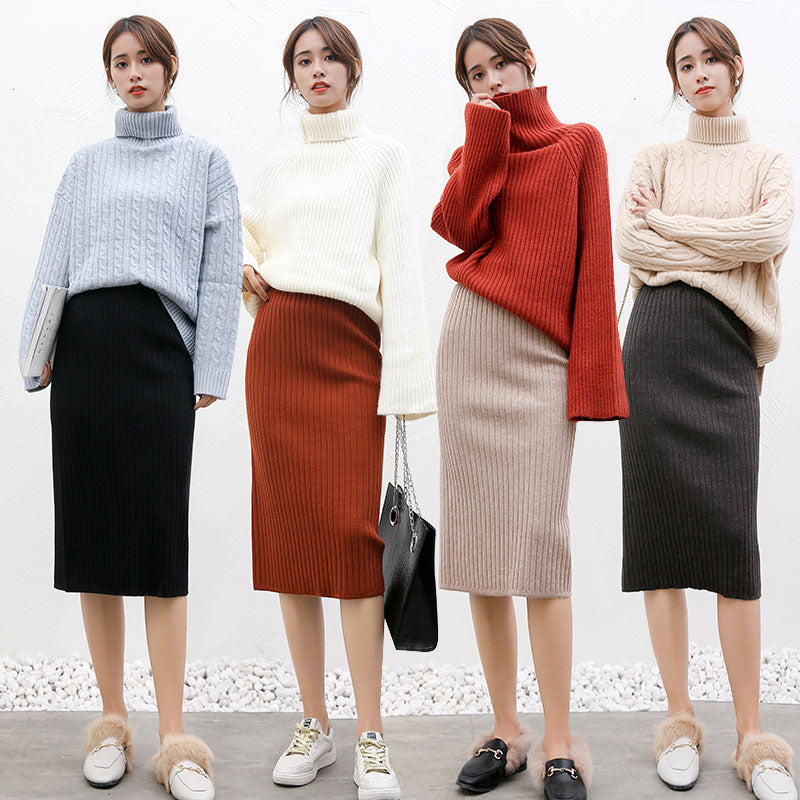 High Waist Women Knitted Skirt Spring Autumn Fashion Rib Skirt Elegant Midi Skirt