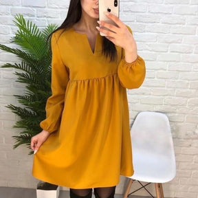 High Waist Mini Dress Long sleeve Sexy V-Neck Solid Color Party Lantern Sleeve Dress