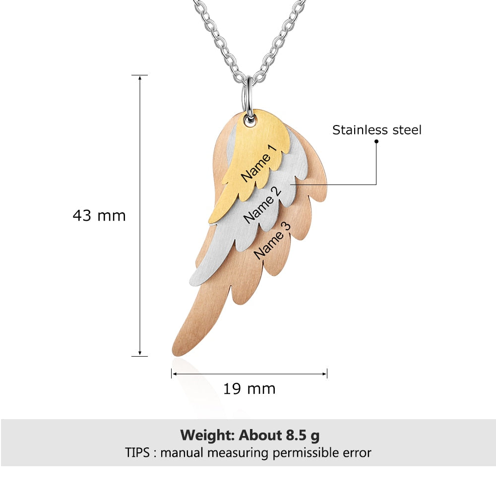 Collana di ali con 3 nomi Collana di famiglia personalizzata in colore misto acciaio e oro rosa e oro