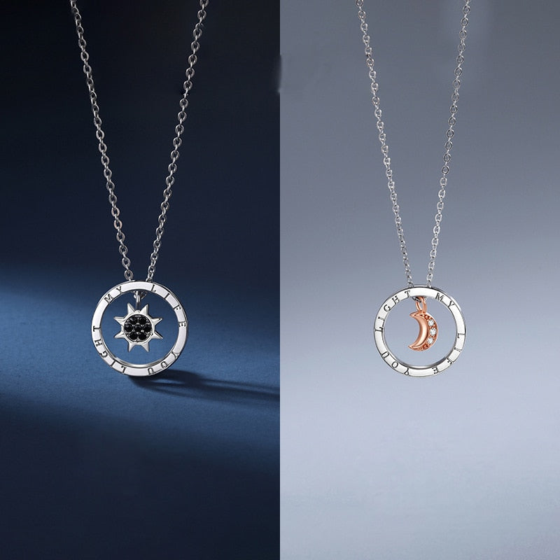 couple silver color ring sun and moon two-color pendant necklace jewelry gift