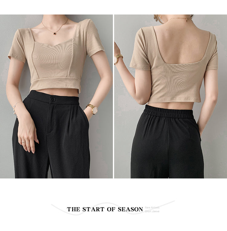 French Clavicle Square Collar Tops Women High Waist Croped Top Short Sleeve T-shirt Female