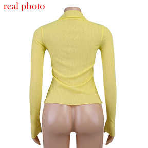 Elegant See Through Long Sleeve Mock Neck Women Tops Fashion Streetwear T-Shirts