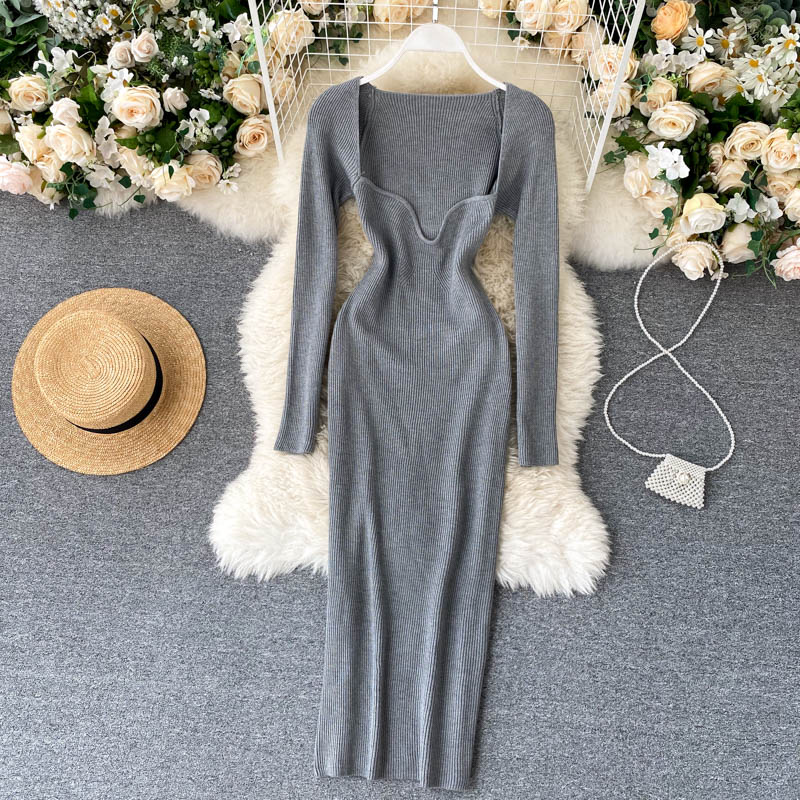 Strapless Ribbed Knitted Bodycon Dress Women Winter Long Sleeve Midi Sweater Dress