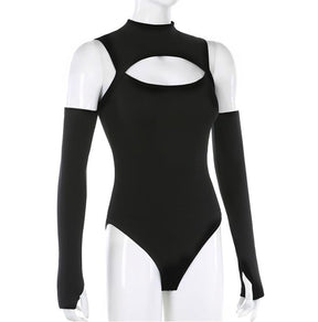 Langärmliger Bodysuit für Damen, einfarbig, hohl, schulterfrei, mit halbhohem Kragen