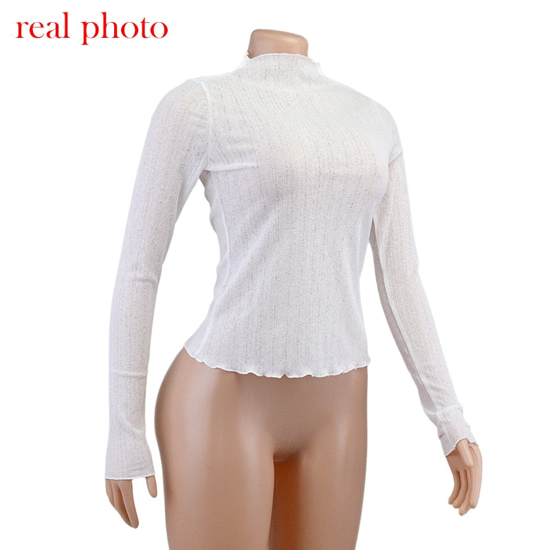 Elegant See Through Long Sleeve Mock Neck Women Tops Fashion Streetwear T-Shirts