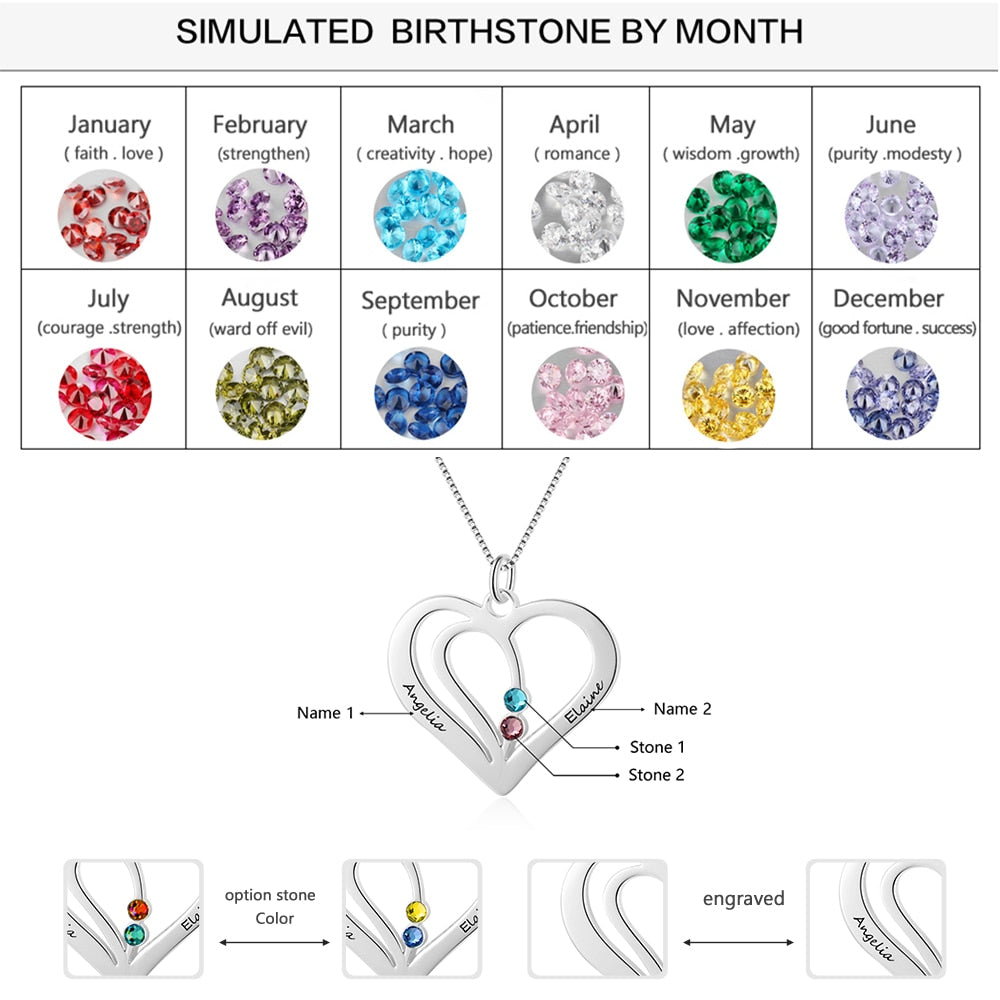 Personalized Birthstone Engraved Name Heart Necklaces & Pendants