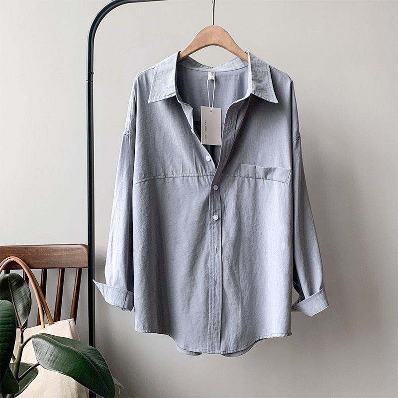 Loose Turn-down Collar Solid Female Shirts Tops Spring Summer Blouses