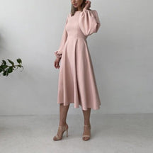 Sexy Backless Midi Long Dresses Lantern Sleeve O-Neck Autumn Folds A-Line For Women